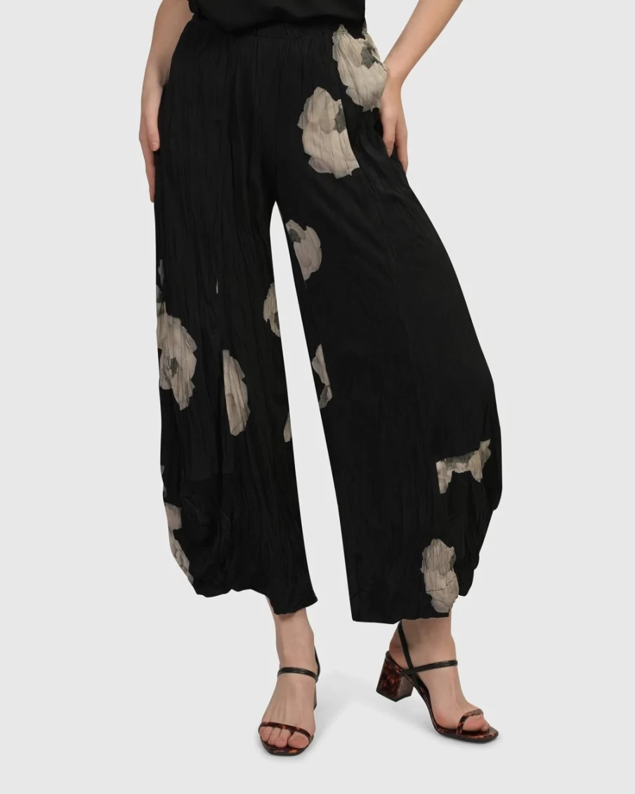 ALEMBIKA Women's Kennedy Crinkle Pants with Floral Roses Design - Comfortable & Stylish Punto Pants