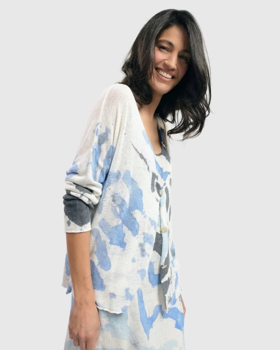 ALEMBIKA Women's Nautical Watercolor Cardigan Sweater - Lightweight Knit Coastal Style Cover-Up