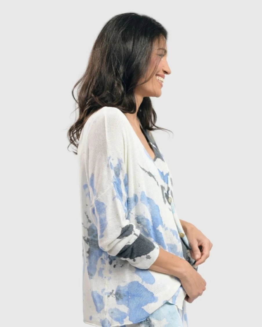 ALEMBIKA Women's Nautical Watercolor Cardigan Sweater - Lightweight Knit Coastal Style Cover-Up