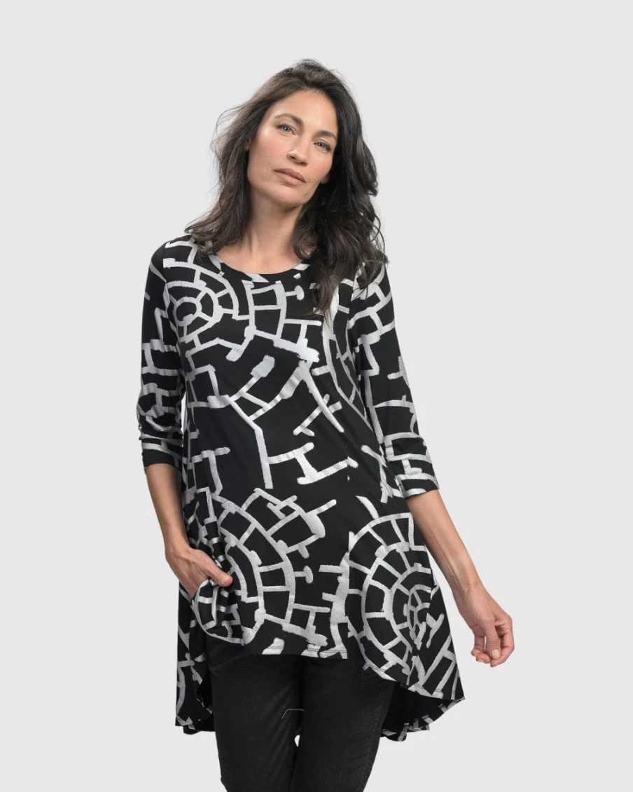 ALEMBIKA Women's Hypnotic Silver Hi-Lo Hem Tunic Top for Elegant Layering
