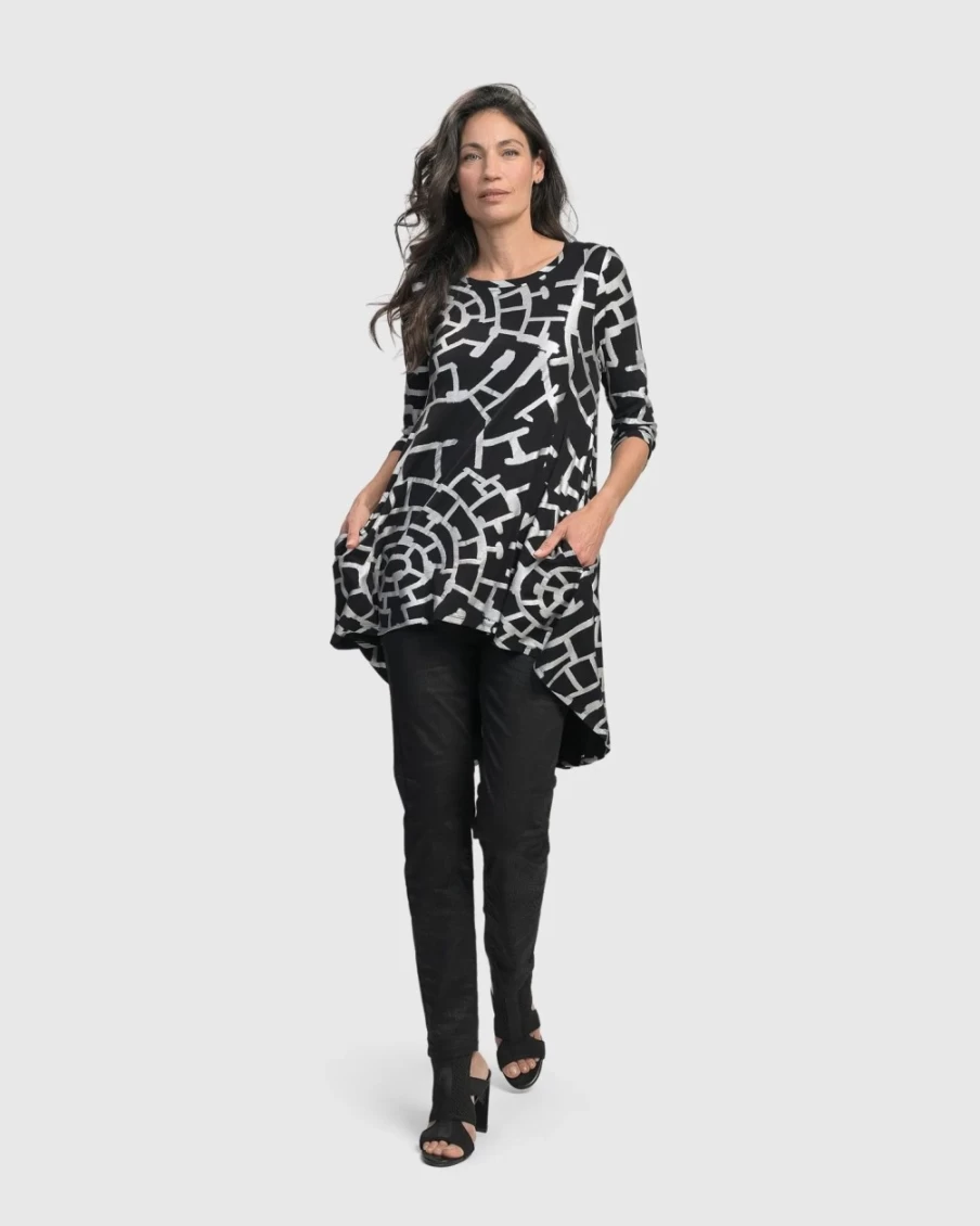 ALEMBIKA Women's Hypnotic Silver Hi-Lo Hem Tunic Top for Elegant Layering